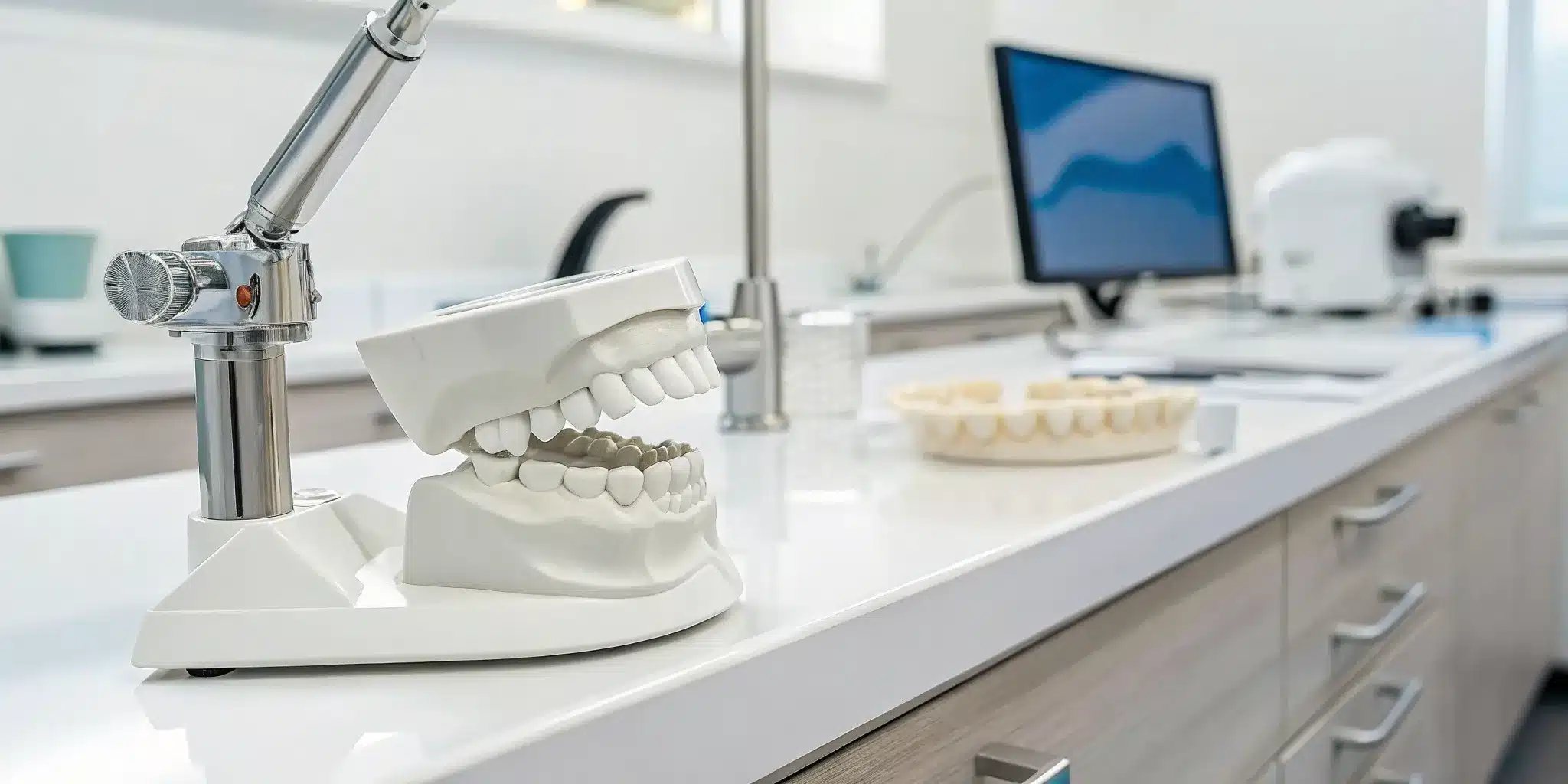 Trabalho em bancada de laboratório de prótese — materiais e técnicas profissionais