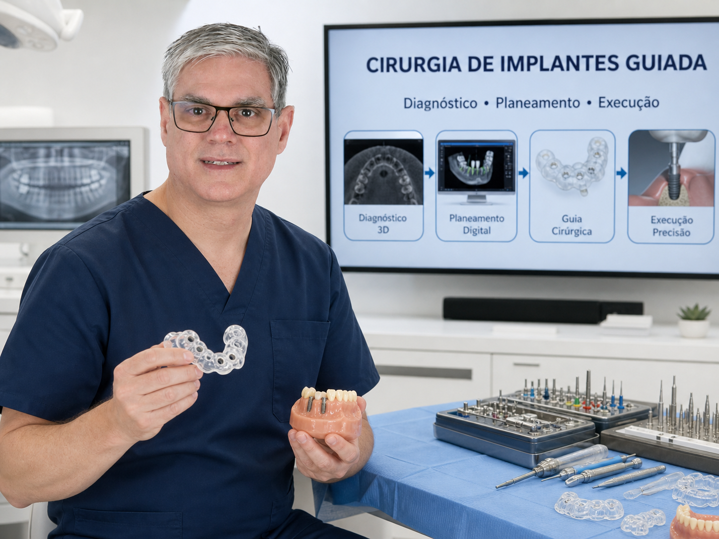 Dr. Elton Dias com guia cirúrgica e modelo de implante — Cirurgia de Implantes Guiada — Instituto Porto Smile