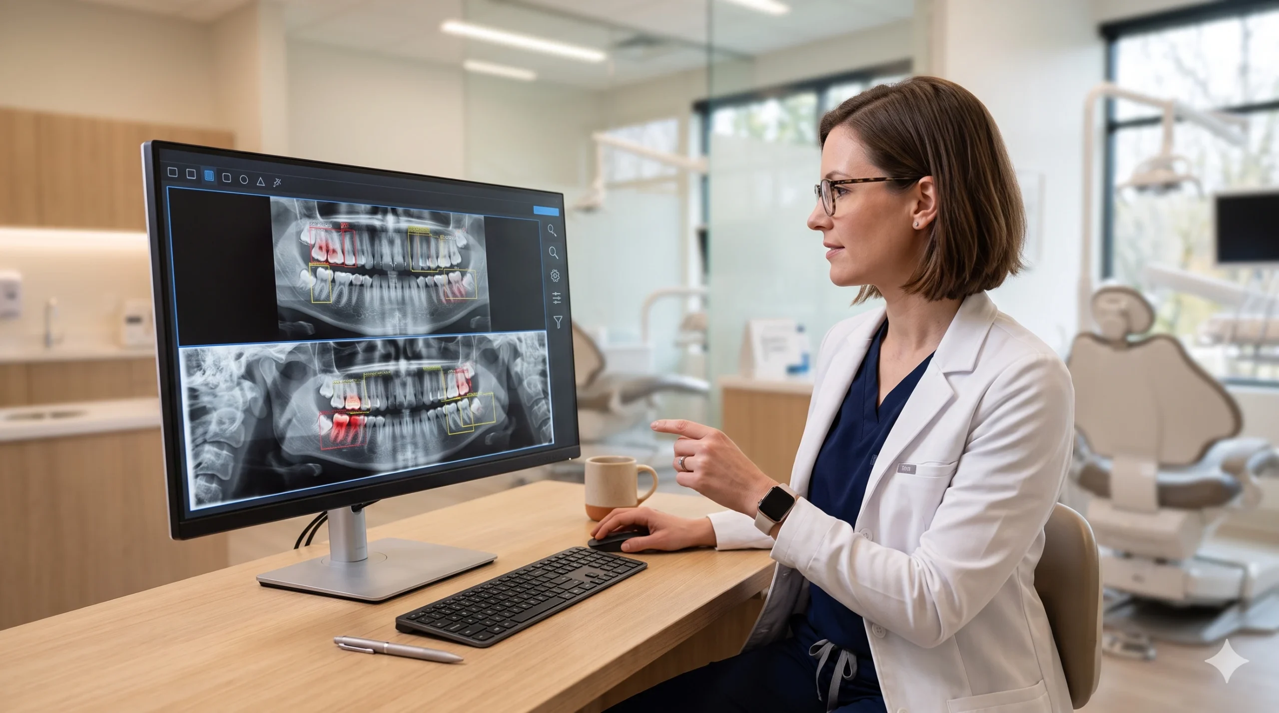 Médica-dentista a analisar radiografias com inteligência artificial num monitor, clínica moderna — Instituto Porto Smile