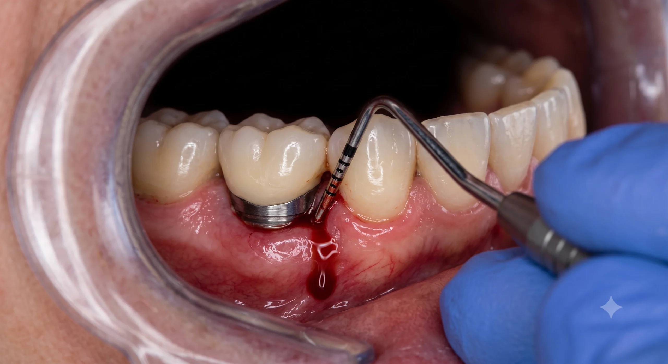 Abordagem cirúrgica da periimplantite — retalho de acesso com exposição do defeito ósseo periimplantar e superfície do implante contaminada