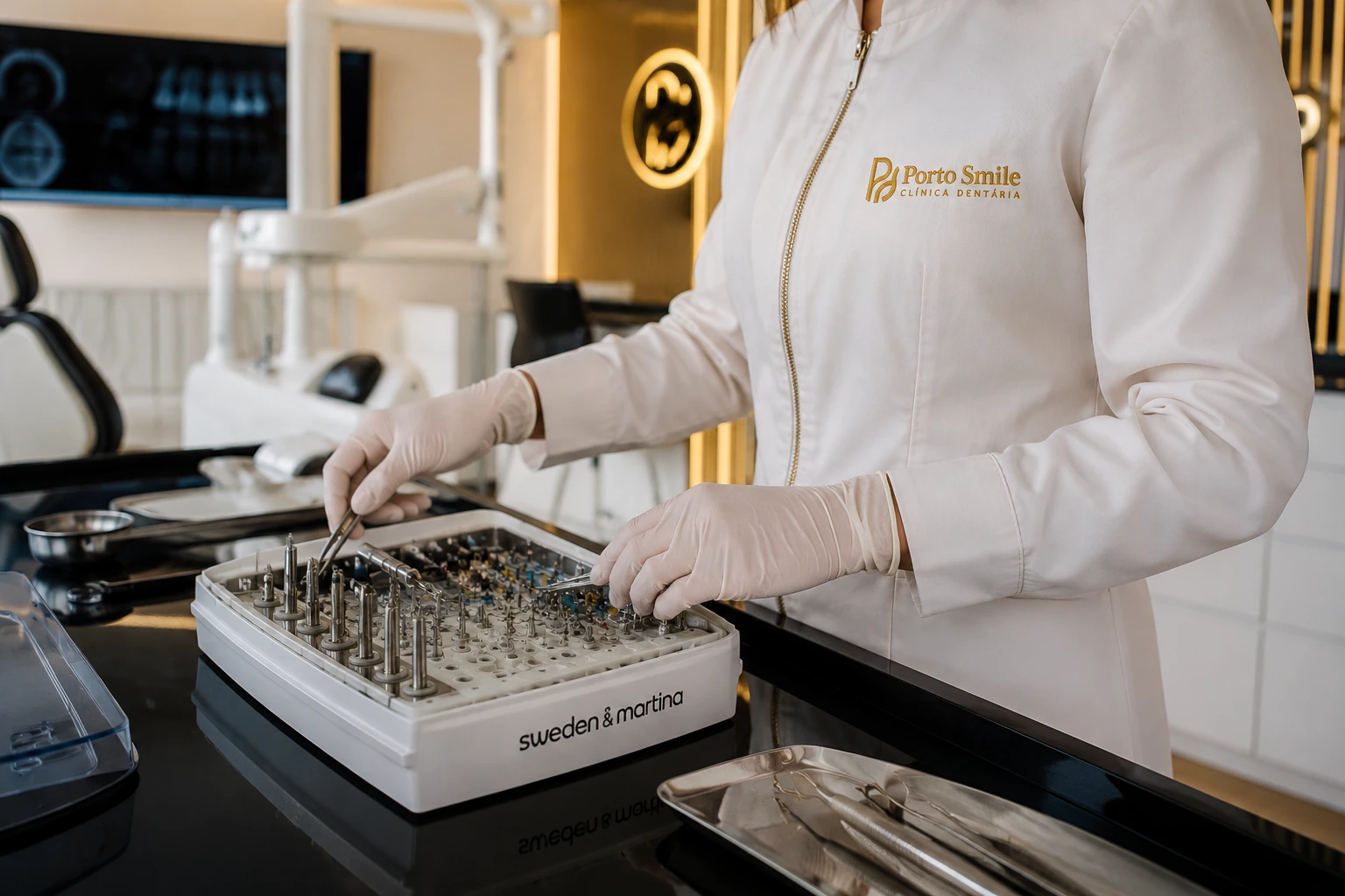 Assistente de medicina dentária a apoiar cirurgia de implantes em ambiente clínico
