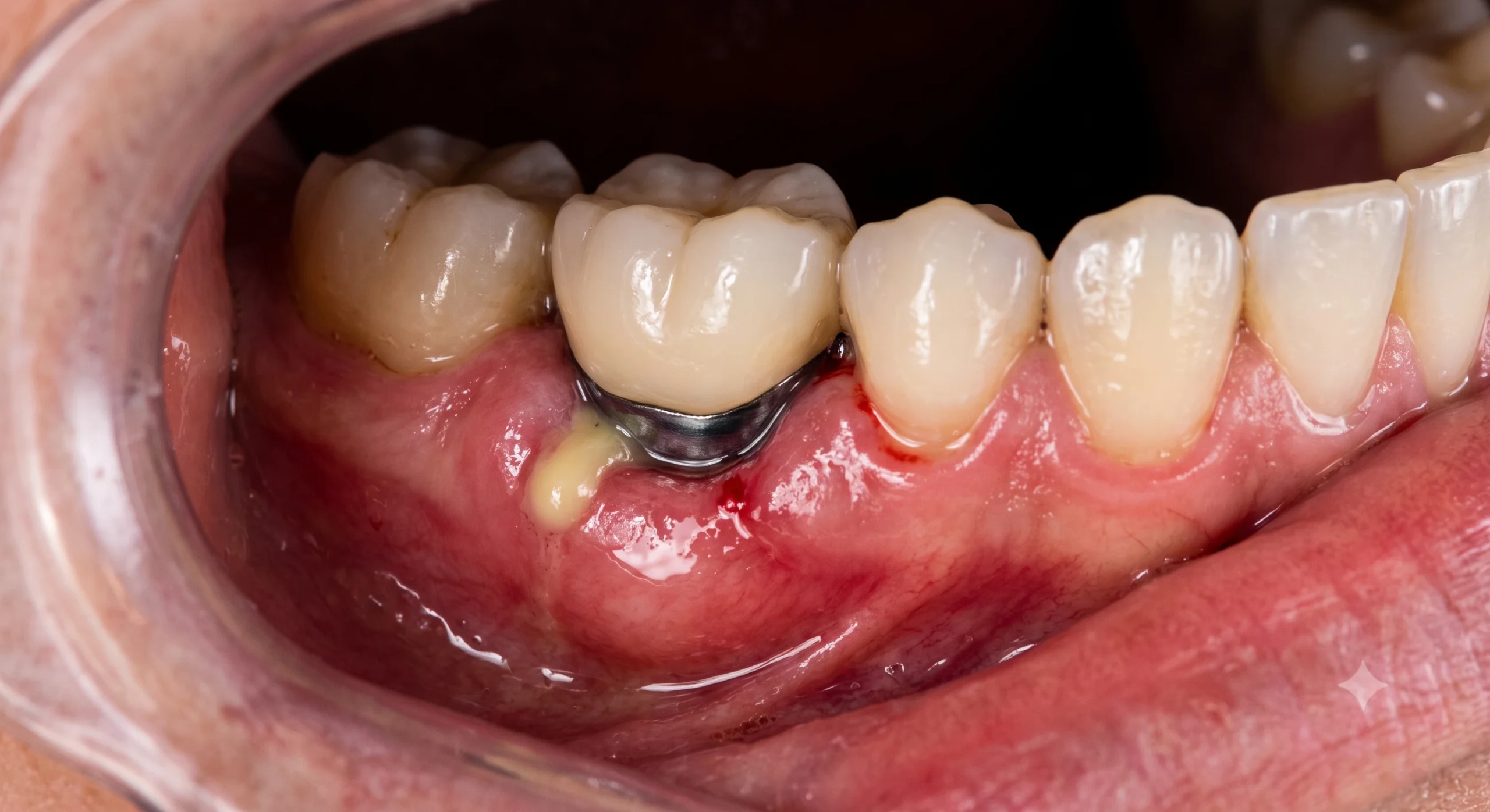 Radiografia periapical mostrando perda óssea crestal em forma de cratera em torno de implante — padrão típico de periimplantite
