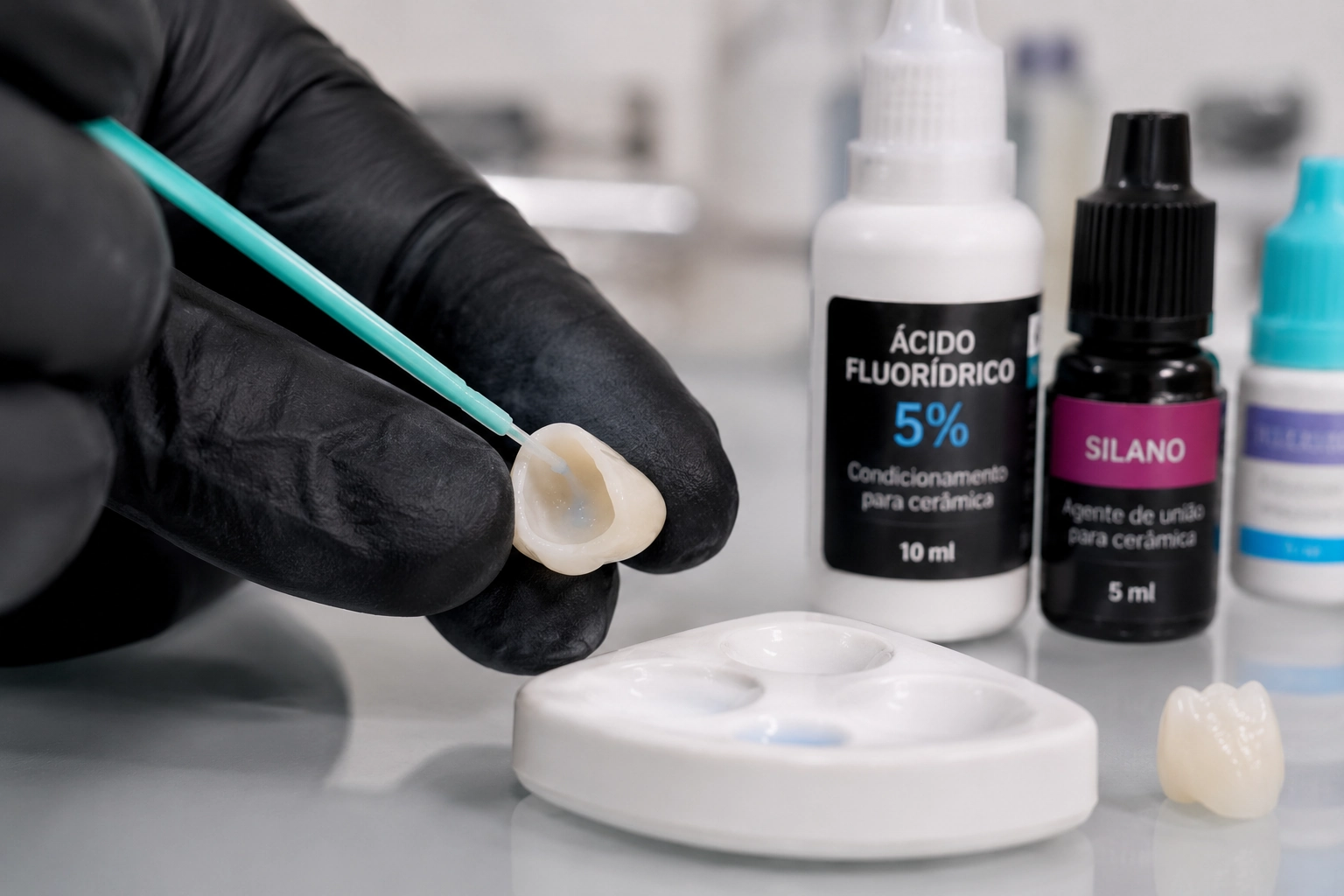 Tratamento de superfície com ácido fluorídrico e silano numa restauração de dissilicato de lítio